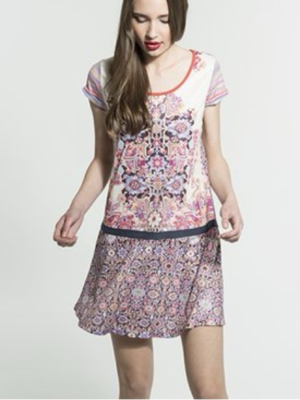 SMASH Floral Patchwork Short Sleeve Dress in Pink and Cream Size Medium